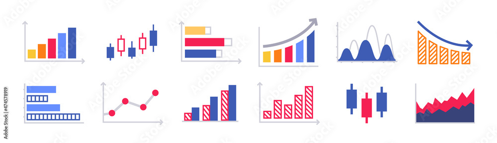 Business graphs and charts icons. Business infographics icons. Statistic and data, charts diagrams, money, down or up arrow, economy reduction. Financial chart. Vector illustration.