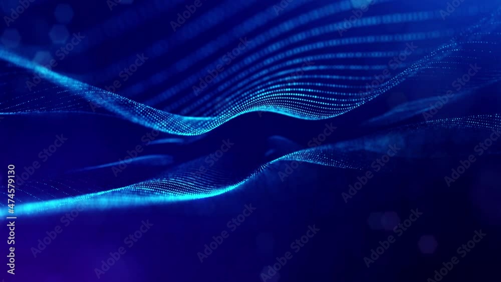 3d looped bg data flow concept, sci-fi background digital space. Blue high tech field with glow particles form lines and surface waves. Hi-tech information flow, blockchain, bigdata visualization. DOF
