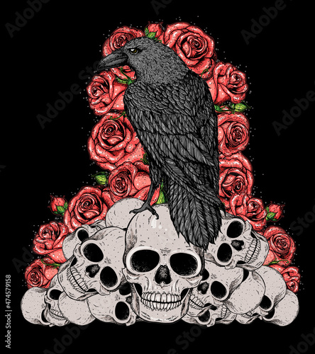 Black raven sits on the skulls. Skull, raven and roses hand drawn illustration. Tattoo vintage print. Skull hand drawn print. Tattoo design. Pile of skulls, flowers and raven.
