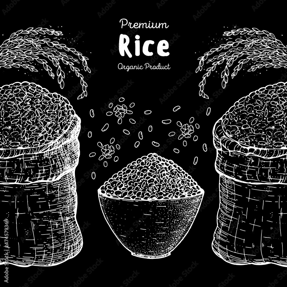 Rice hand drawn vector illustration. Bag of rice sketch. Packaging