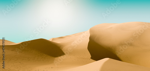 Pale yellow dunes and dark teal sky. Desert dunes landscape with contrast skies. Minimal abstract background. 3d rendering