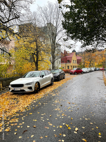 Colorful but rainy fall day in historic Eira, Helsinki, Finland