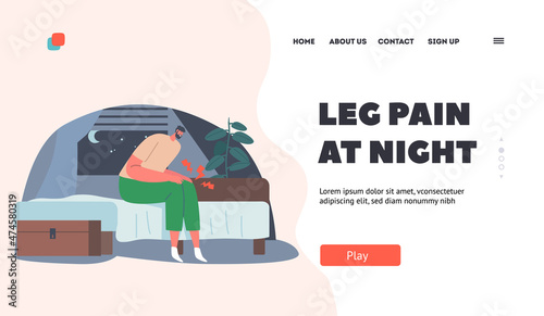 Night Muscle Spasm in Legs Landing Page Template. Male Character Woke Up at Night in his Bed from Strong Leg Pain