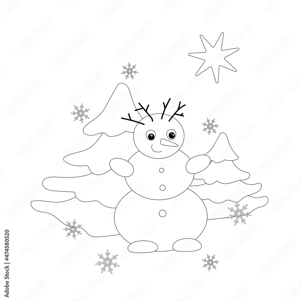 Snowman with Christmas tree, star, snowflakes. Coloring page. Winters coloring book for kids. Snowman with Christmas tree, star, snowflakes. Coloring page. Winters coloring book for kids.