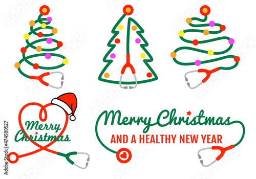 Christmas card with stethoscope tree for doctor, nurse, health worker, vector set