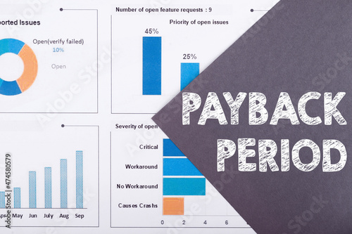 The word PAYBACK PERIOD is written on a gray background with diagrams and graphs.
