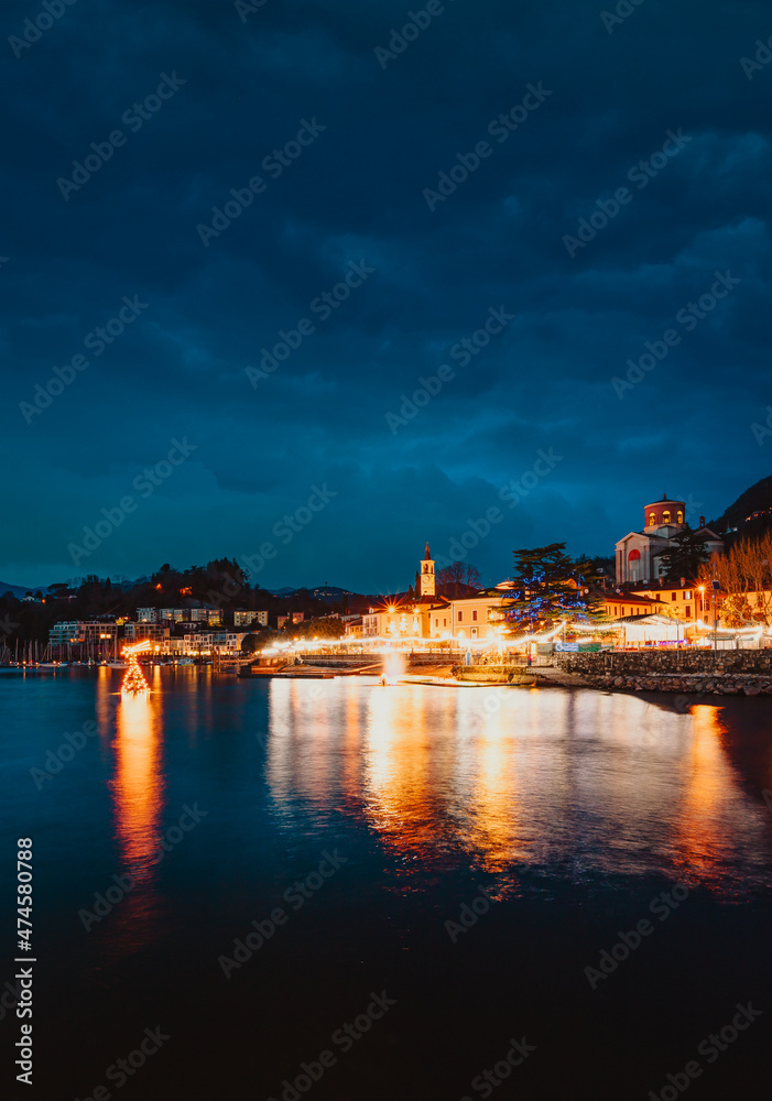 View of Laveno with Christmas lighting on Lake Maggiore at night