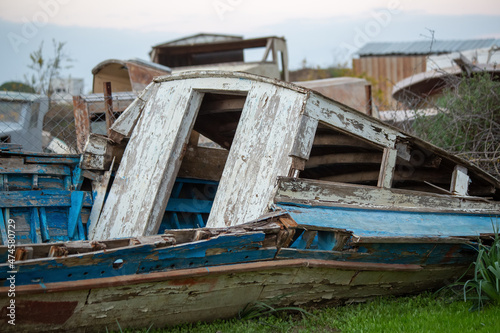 A scrapped wooden old rowboat