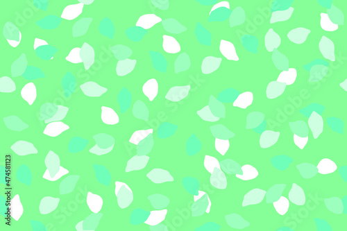 Falling floral or fruit trees petals. Mint, blue green, light blue, white petals gliding in the air in mint green background. Seamless pattern. Early spring, summer in the outdoor.