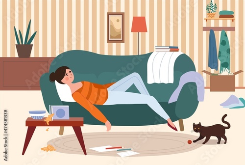 Lazy woman on sofa. Girl resting after hard day at work. Character tired of household chores, routine. Clutter in apartment, interior, dirty home, unmotivated. Cartoon flat vector illustration