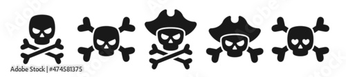 Set evil skulls with crossbones and pirate skulls with hat simple cartoon style vector illustration