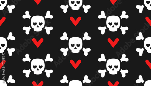 Skulls with shape heart eye and red hearts seamless pattern for valentine's day