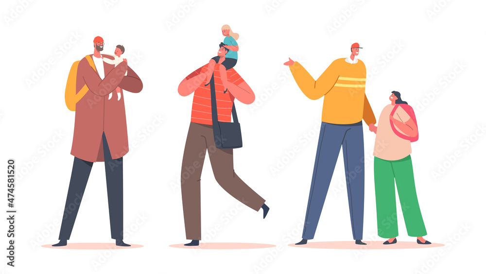 Set Happy Fathers with Children, Family Characters Dads, Sons or Daughter Spend Time Together, Fun, Communicate, Play Set Happy Fathers with Children, Family Characters Dads, Sons or Daughter Spend Time Together, Fun, Communicate, Play