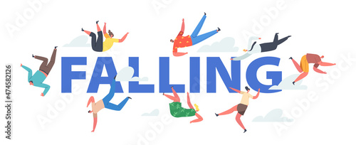 Falling People Concept. Unhappy Male and Female Characters Falling Down due Stumbling, Slipping, Accident, Injury