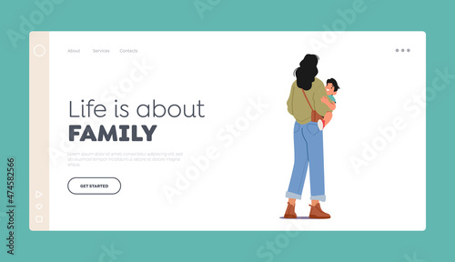 Young Mother Holding Child on Hands Back View, Parenting Landing Page Template. Family Characters Mom and Son