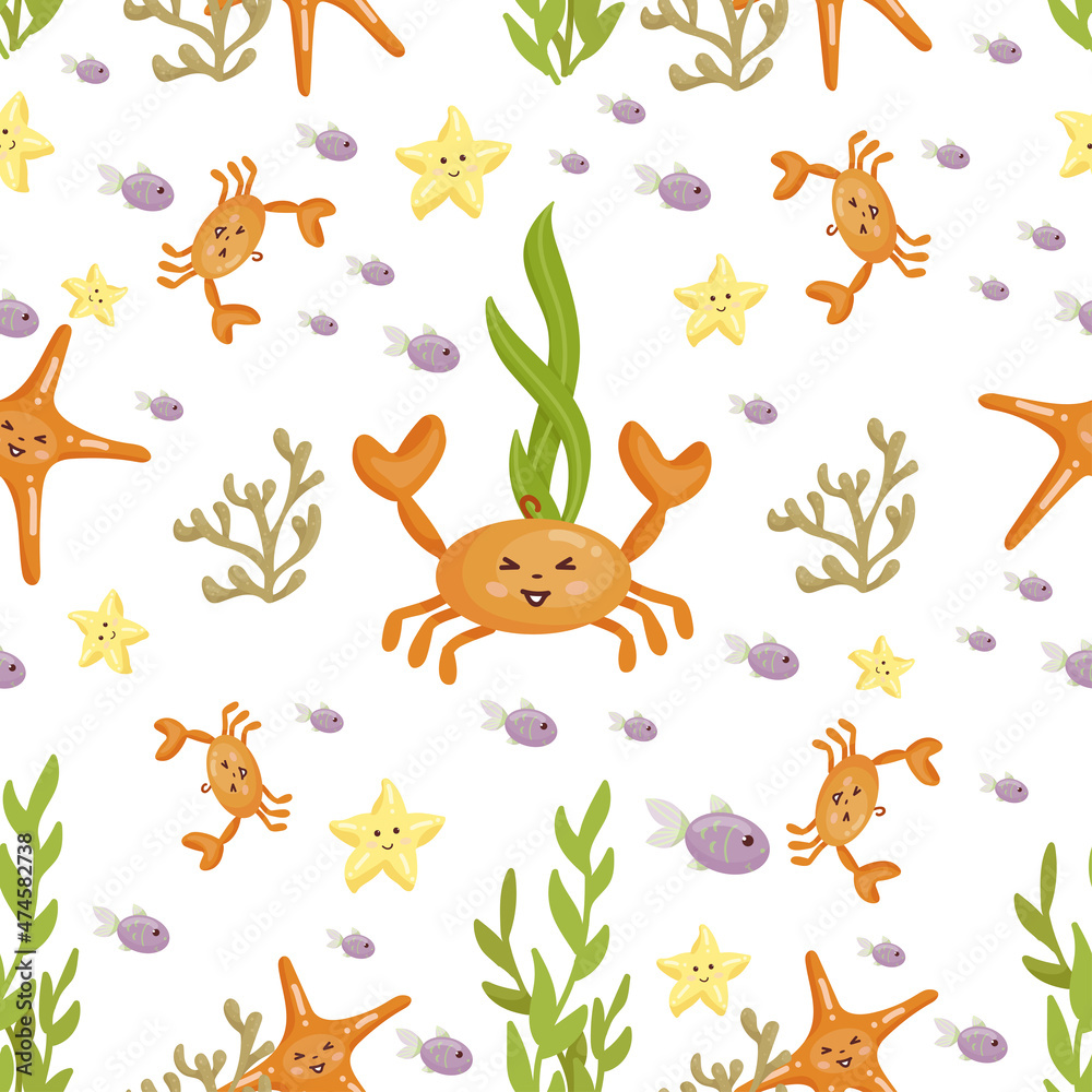 Seamless pattern with crab star, fishes and algae. Cartoon vector graphics. Seamless pattern with crab star, fishes and algae. Cartoon vector graphics.
