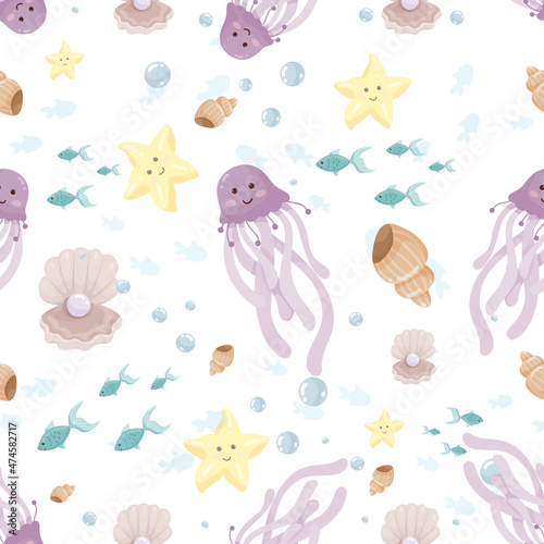 Wallpaper Mural Seamless pattern with pearls, jellyfish, starfish and fishes. Cartoon vector graphics. Torontodigital.ca