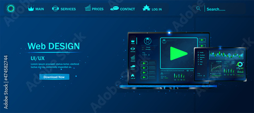 The website of the application. Creating a mobile application. User experience. Various UI, UX, graphical interfaces of the laptop screen of modern infographics. Web design and analysis. Vector