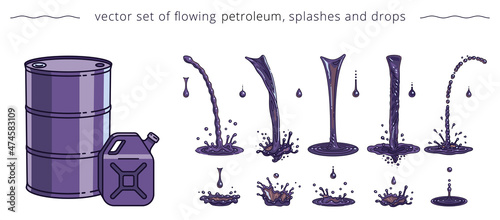 Hand drawn icons of petroleum. Vector barrel, canister and set of trickles, drops and splashes of  crude oil. Black and greasy liquid elements