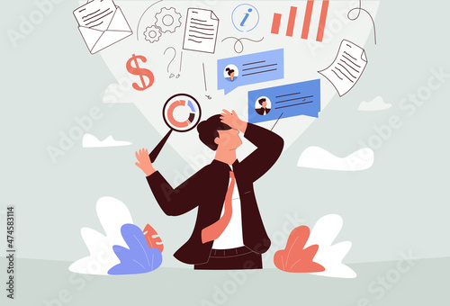 Information overload or job burnout with stress tiny person concept. Busy businessman is tired about many duties, tasks