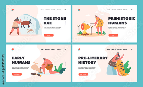 Neanderthal Characters Lifestyle Landing Page Template Set. Prehistoric Ages People Wear Animal Skin Use Primitive Tools