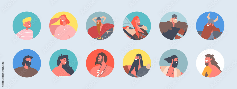 Set of People Avatars, Isolated Round Icons. Vikings, Prehistoric Male and Female Characters with Different Appearance