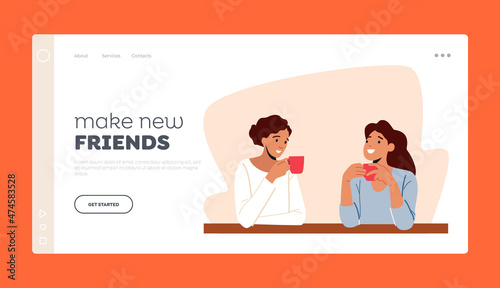 Girlfriends Meeting Landing Page Template. Young Women at Home or Cafe Drinking Tea Holding Cups in Hands, Communication