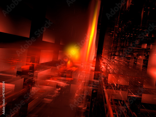 Red tech background with fire and perspective effect - 3d illustration