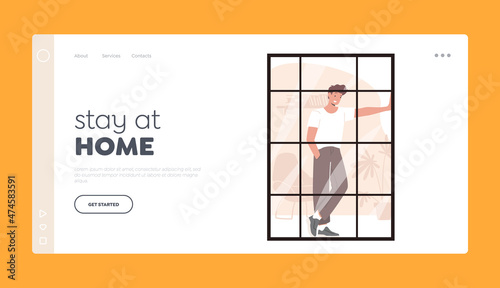 Stay at Home Landing Page Template. Smiling Male Character Stand in Office or Living Room Looking on City through Window