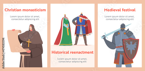 Medieval Historical Characters Cartoon Banners. Royal Queen, King, Monk with Parchment, Knight Warrior. Ancient Heroes