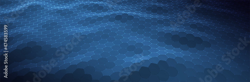 Abstract Blue Background. Dark Hexagon pattern. Virtual computer Landscape. Technology style. Sci-fi surface. Banner or presentation template. Vector illustration