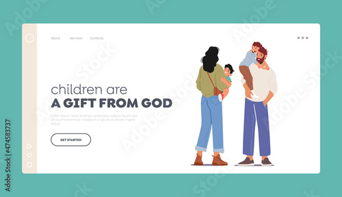 Young Parents with Children Landing Page Template. Mother and Father Loving Happy Family Characters Hold Kids on Hands