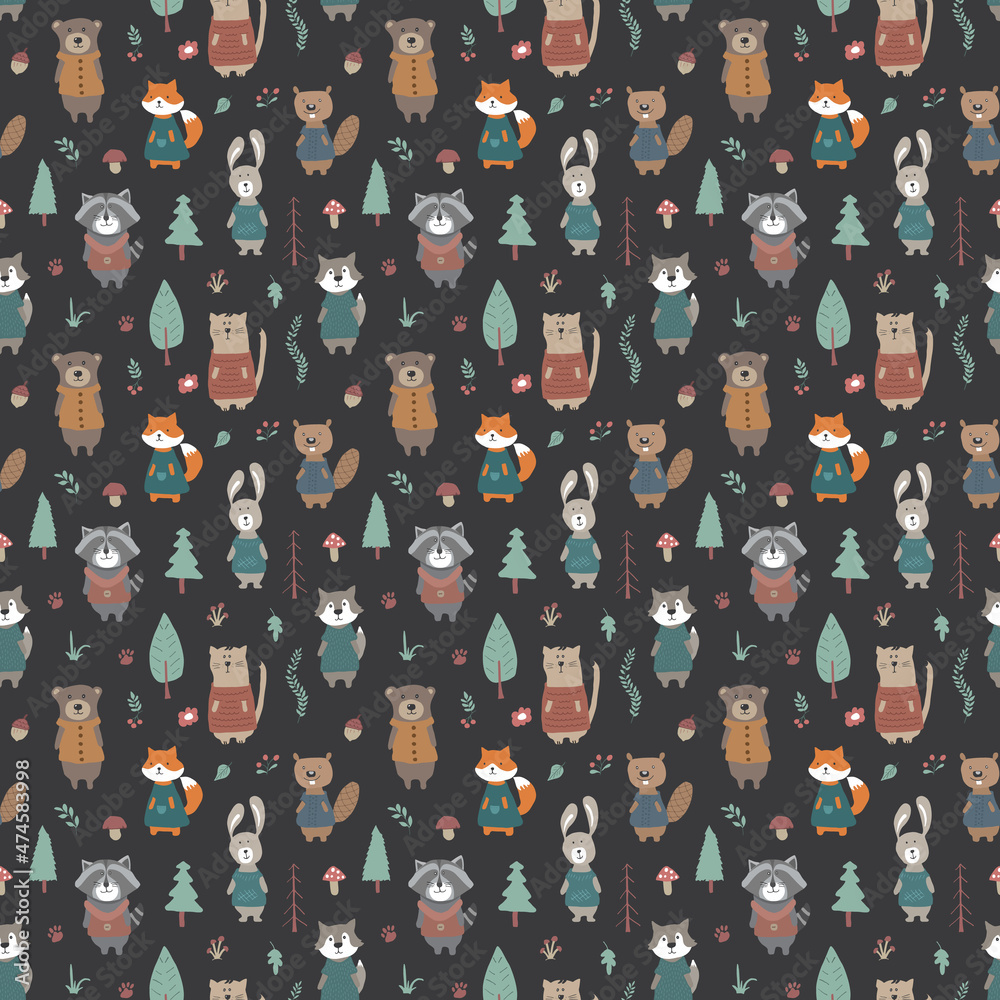 Obraz premium Cute animals Seamless pattern. Cartoon Animals in forest background. Vector illustration