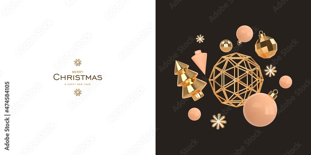 Christmas and New Year card. Christmas ornaments, xmas balls and tree, abstract modern elements on black background. 3d illustration