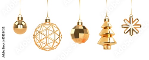Christmas and New Year golden ornaments. Christmas tree, xmas balls and snowflake, abstract modern elements 3d render.