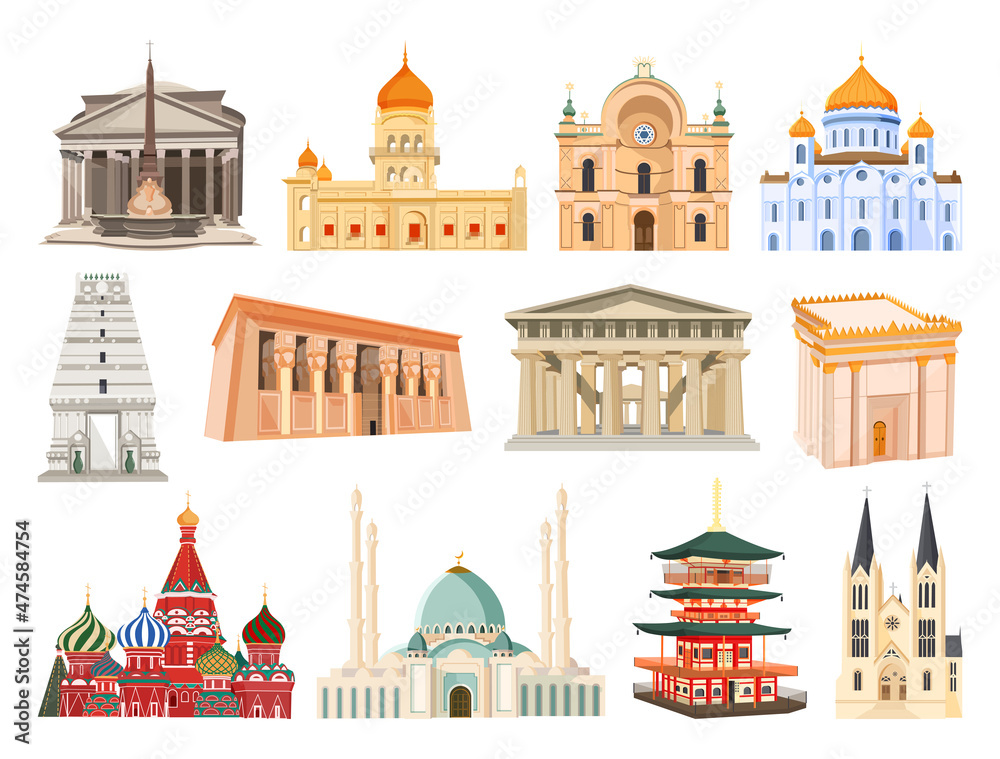 Set of architectural monuments from different countries. Religious buildings, mosques, cathedrals.