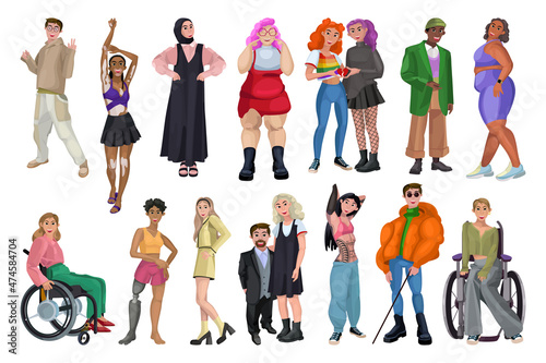 Collection of characters with health features. Persons with disabilities and people of different social groups.