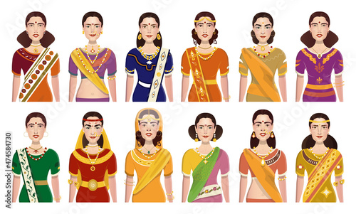 Collection of Indian women in traditional sari dress. Detailed character illustrations.