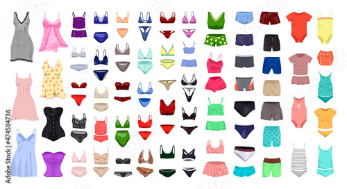 Collection of women's, men's and children's underwear in flat style.