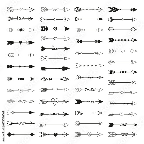 Collection of black and white romantic arrows with hearts. Elegant icons for creating tattoos, stickers, cards.