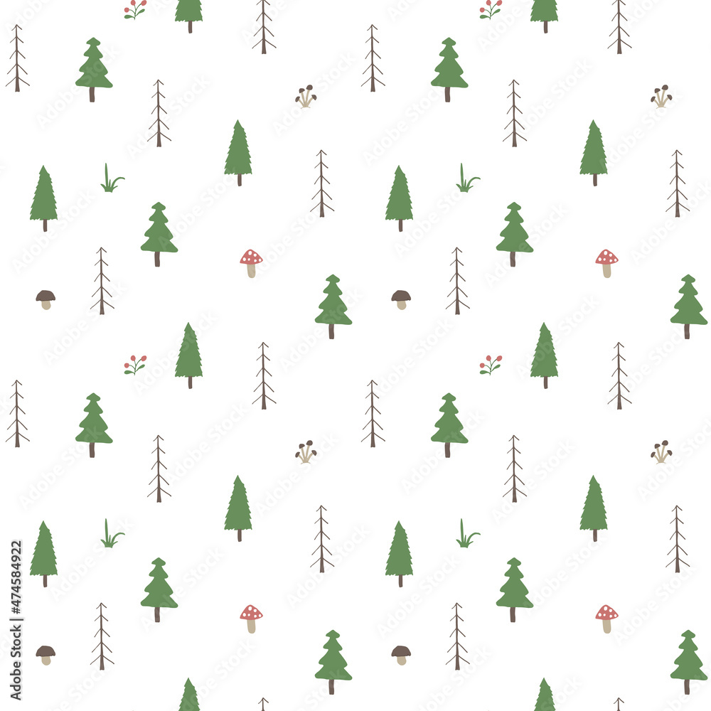 Woodland Seamless pattern, Forest background. Cute cartoon trees and plants vector illustration Woodland Seamless pattern, Forest background. Cute cartoon trees and plants vector illustration