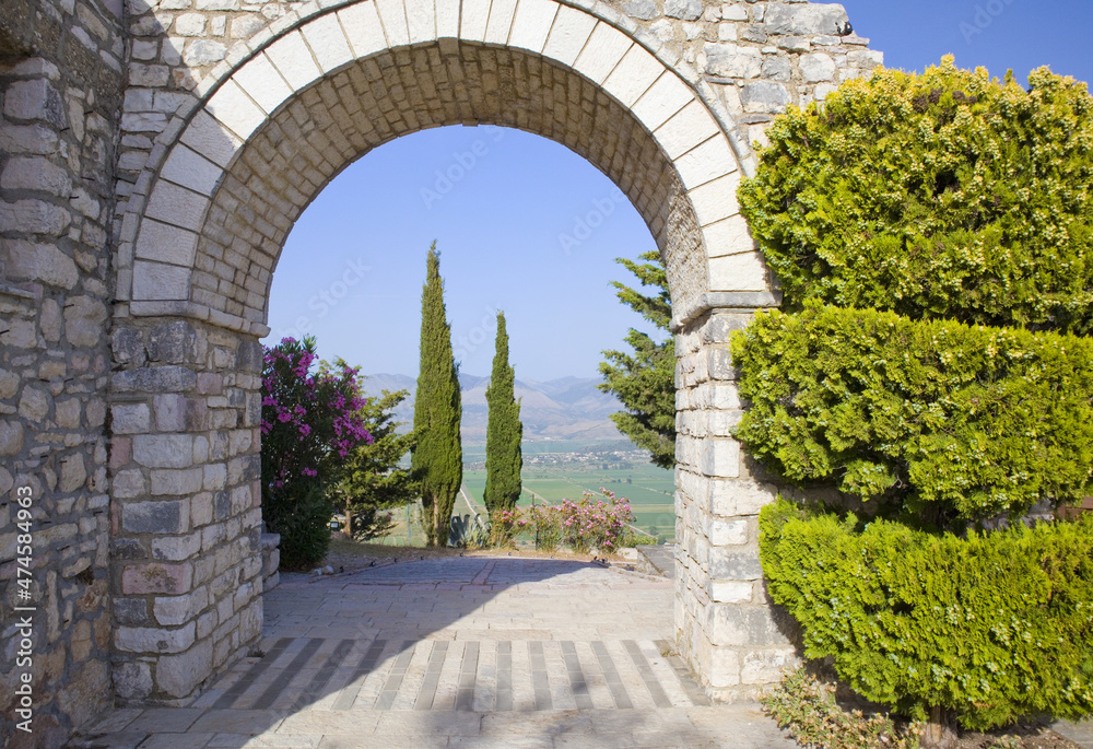 Entrance gate of Lekursi Castle in Saranda, Albania