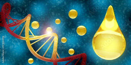 Golden drops of oil on a DNA strand. Cosmetic treatment concept. 3d illustration.