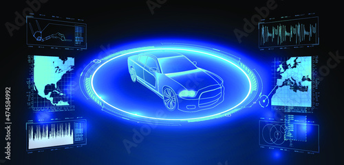 Car service in the style of HUD.  Futuristic car user interface. HUD UI. Hologram of the car, scanning. Abstract virtual graphic touch user interface. 