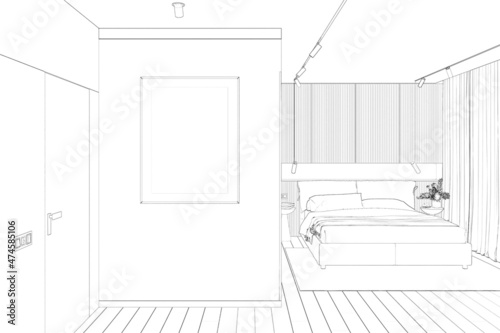 Sketch of the modern bedroom with a vertical poster on a wall next to a door, built-in lamps on the ceiling. There is a bed with two bedside tables, cabinets, curtains in the background. 3d render