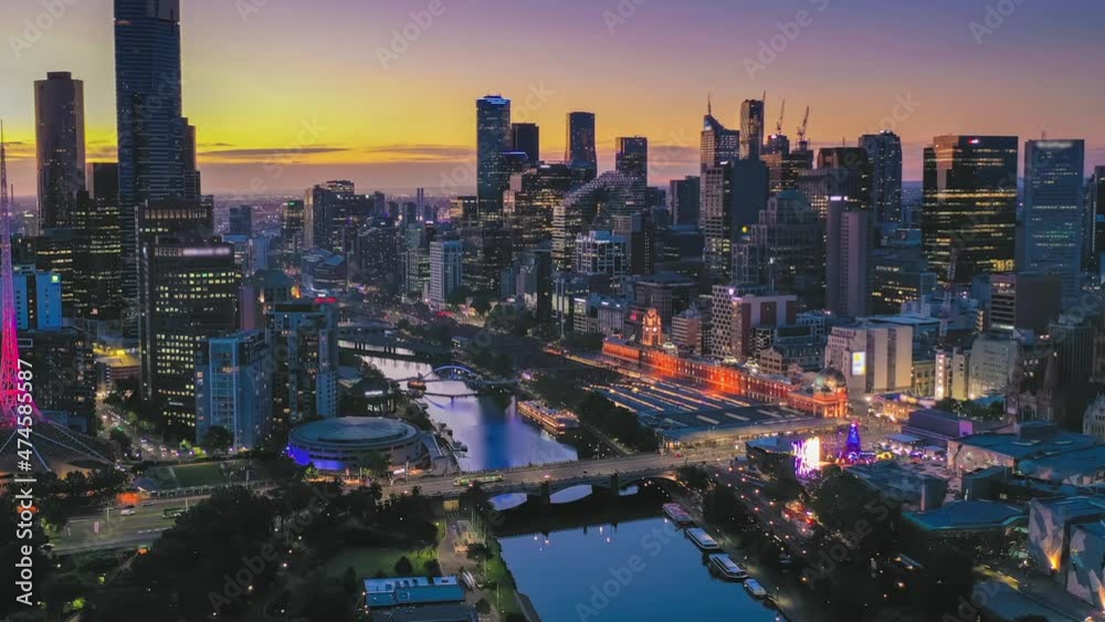 Aerial hyperlapse, dronelapse video of Melbourne city at night