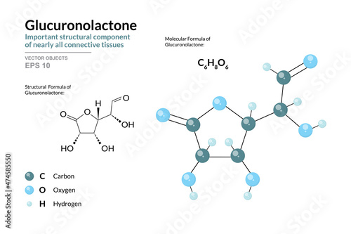 Glucuronolactone. Structural Component of Connective Tissues. Structural Chemical Formula and Molecule 3d Model. C6H8O6. Atoms with Color Coding. Vector Illustration photo