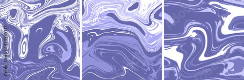 Periwinkle Swirls. 2022 Color Trend. Vector Marble Texture Square Tile Triptych. Ink Marbling Paper Background. Liquid Paint Swirled Patterns. Japanese Suminagashi or Turkish Ebru Technique. 