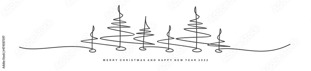 Merry Christmas Happy New Year handwritten line art design Christmas forest trees isolated on white background greeting card - obrazy, fototapety, plakaty 