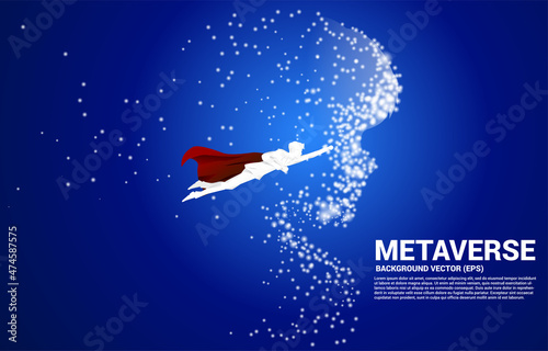 Vector Silhouette of businessman flying with man head from light dot particle. Concept background human future and technology